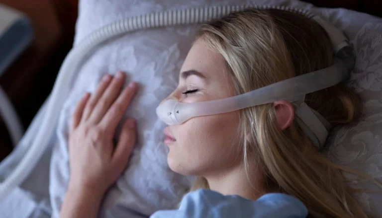 woman sleeping soundly wearing a cpap therapy machine