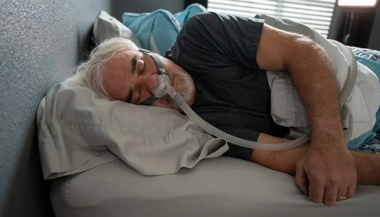 A dirty CPAP can cause pneumonia. A senior man sleeping while using a CPAP machine.
