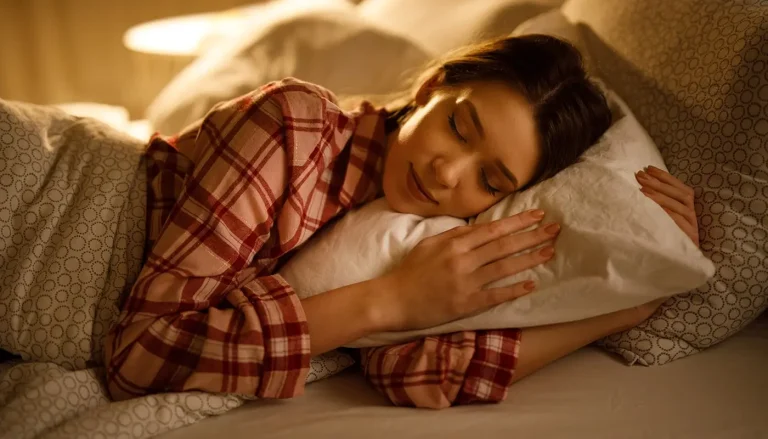 Woman sleeping in bed hugging a soft white pillow.